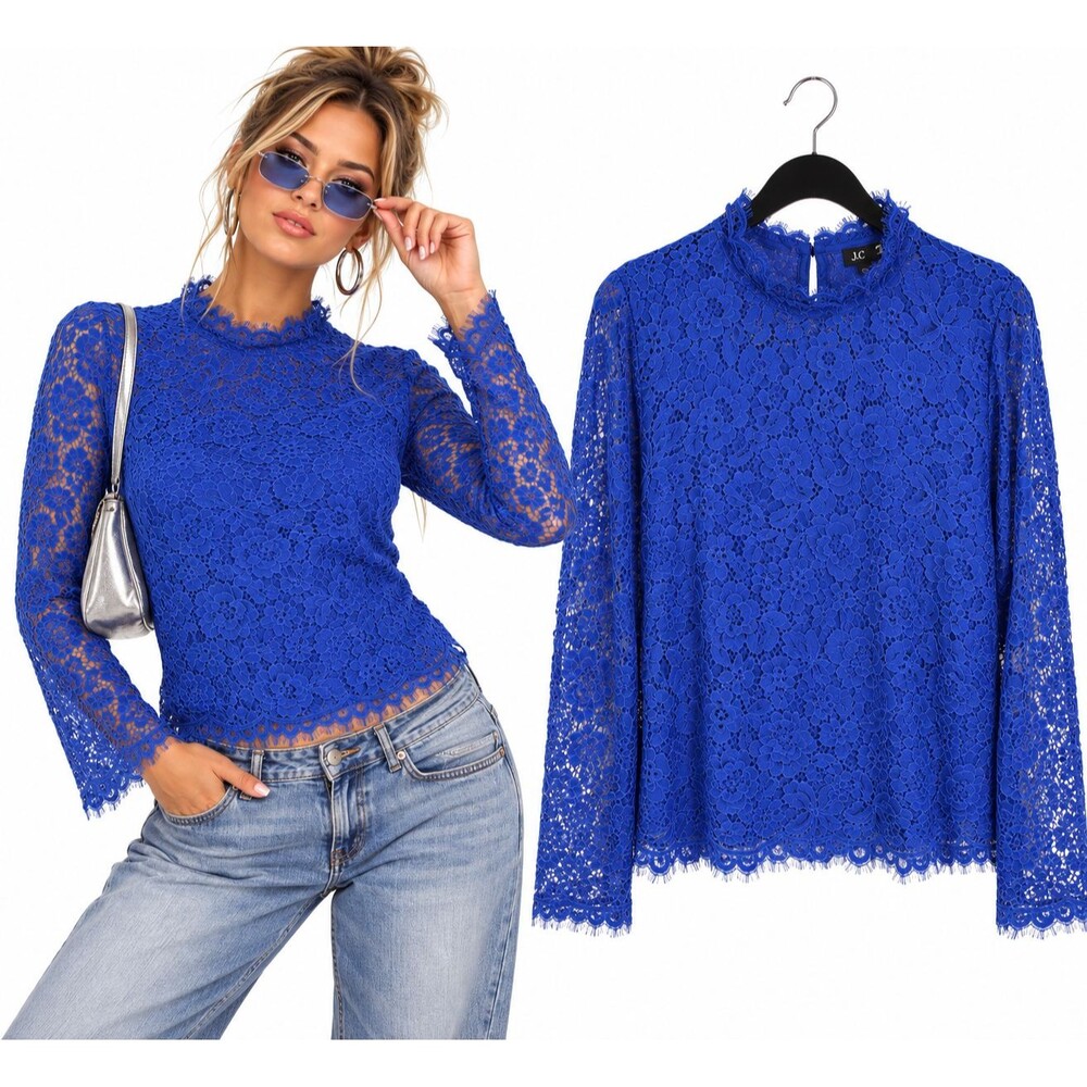 J Crew H2306 Lace Mock Neck Long Sleeve Blouse Top Size 12 Cobalt Blue Floral